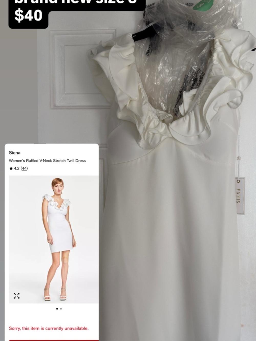 Siena Studio White Ruffled V-Neck Stretch Twill Dress